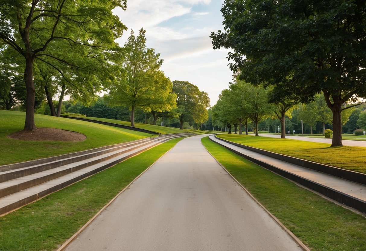 A serene park path with a variety of surfaces and inclines, surrounded by trees and nature