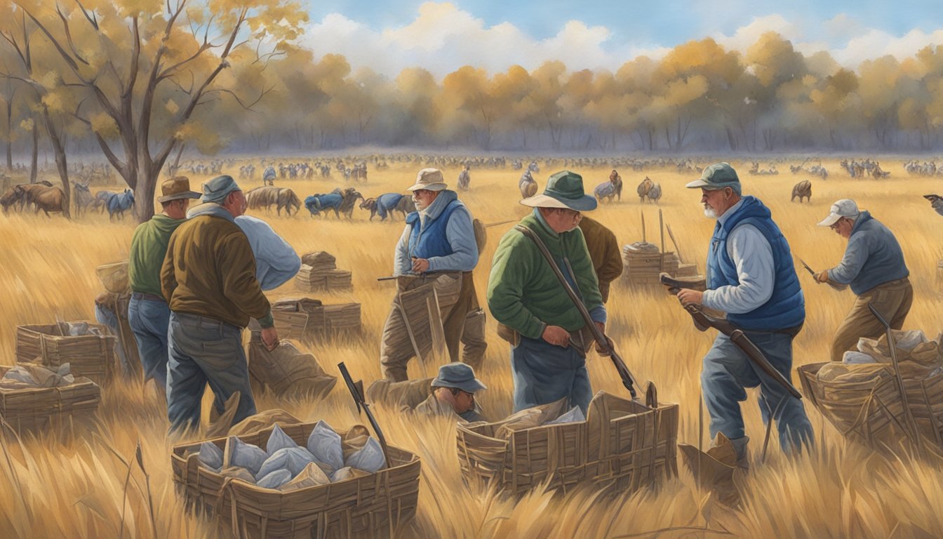 A group of hunters processing game in a rural Nebraska field during the annual Quilt Quest event