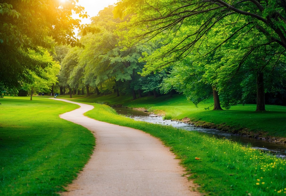 A serene park path winding through vibrant greenery, with a gentle stream flowing alongside, and a peaceful atmosphere conveying the benefits of walking for osteoarthritis relief