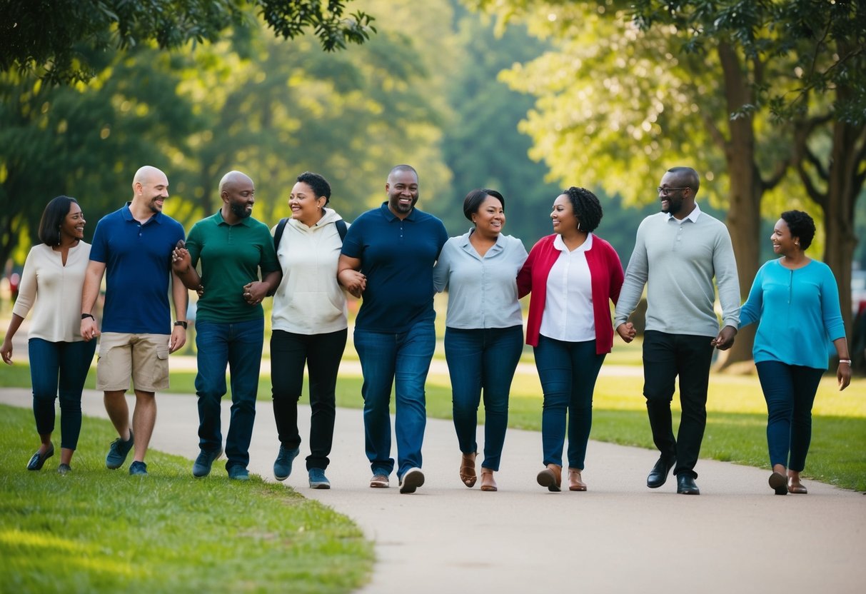 A diverse group of people walking together in a park, surrounded by trees and nature, with a sense of support and community