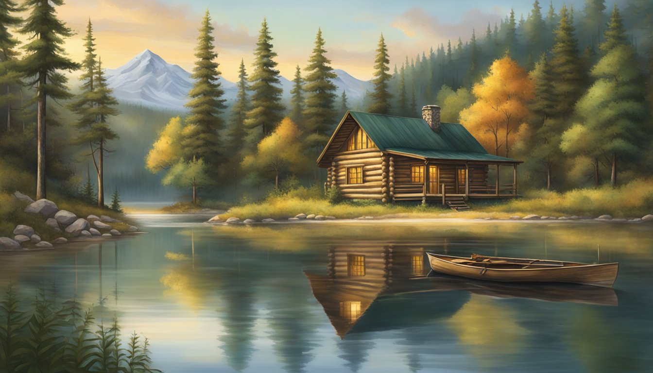 A rustic log cabin nestled in a tranquil forest clearing, with a sign reading "Cabela's Deer Lake Game Processing" and a serene lake in the background