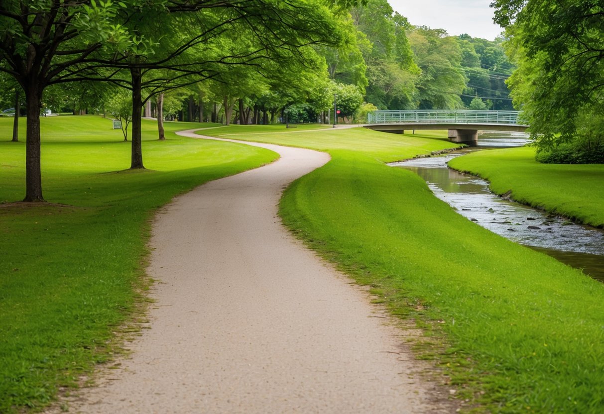 A peaceful park trail with a winding path through lush greenery, with a gentle stream and a bridge in the distance