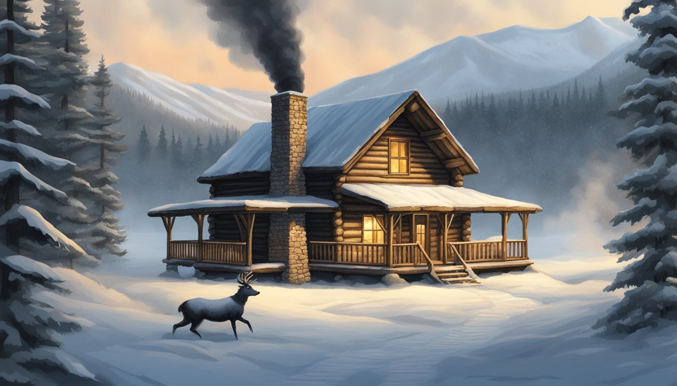 A rustic log cabin nestled in a snowy forest clearing, with smoke billowing from the chimney of Becker Meats Wild Game Processing