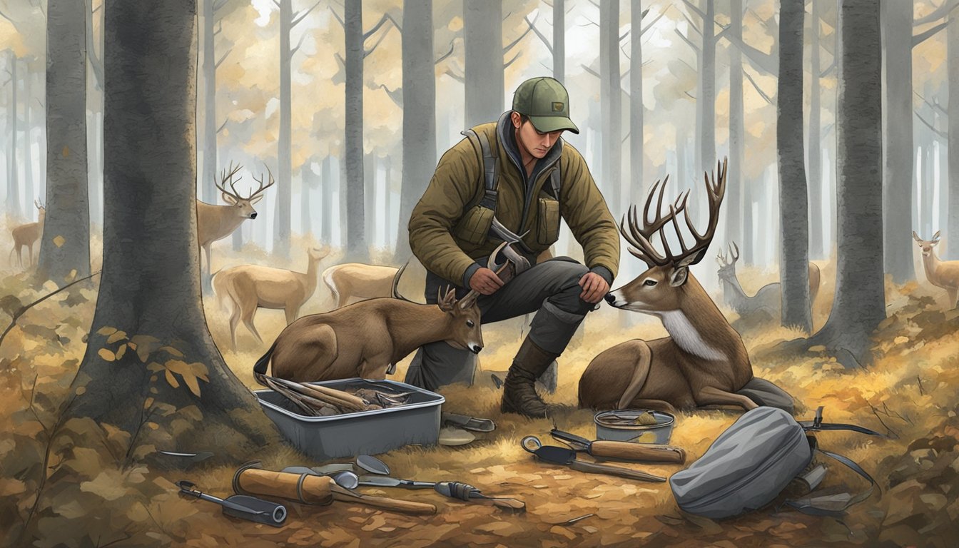 A hunter field dressing a deer in a forest clearing, surrounded by game processing equipment and tools