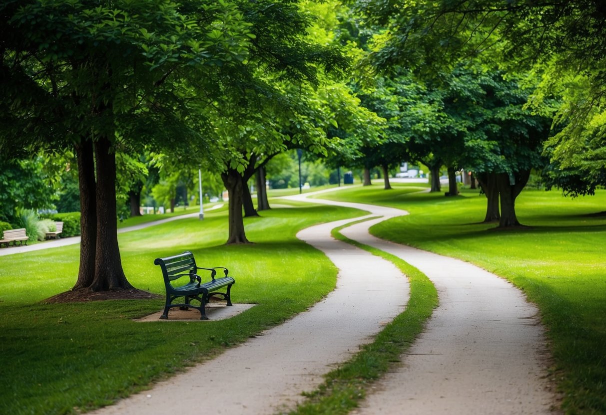 A serene park path with a winding trail through lush greenery, with a bench and a peaceful atmosphere