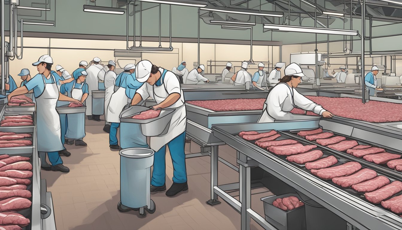 A bustling meat processing facility in Minnesota, with workers processing game meat at Thielen Meats