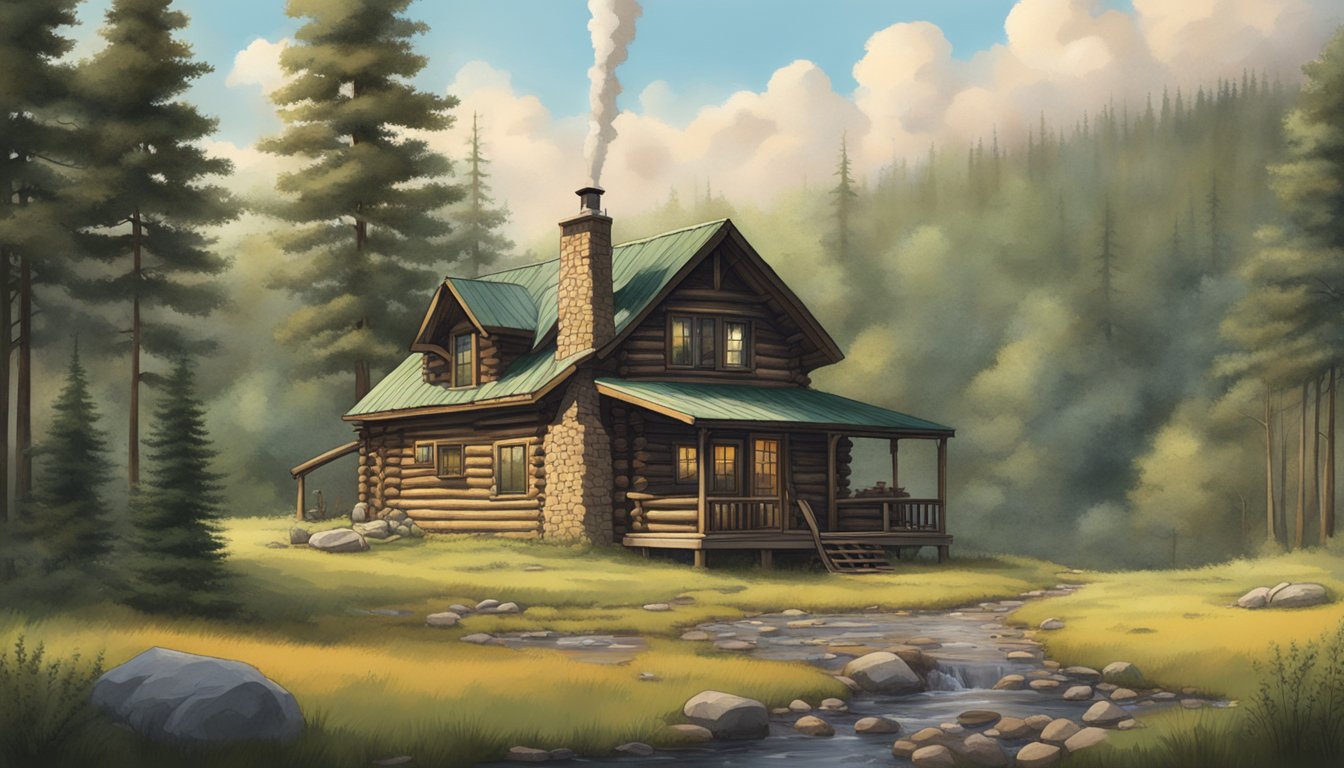 A rustic log cabin nestled in a lush Minnesota forest, smoke rising from the chimney as a sign reads "Meadow Creek Sausage Wild Game Processing."