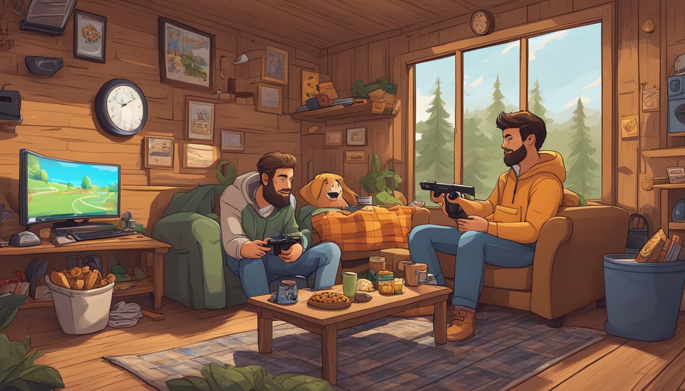 Two friends play video games in a cozy Missouri cabin, surrounded by gaming equipment and snacks