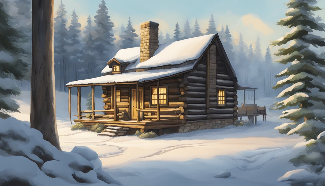 A rustic log cabin nestled in a snowy Minnesota forest, with smoke billowing from the chimney and a sign reading "Peterson's North Branch Game Processing."