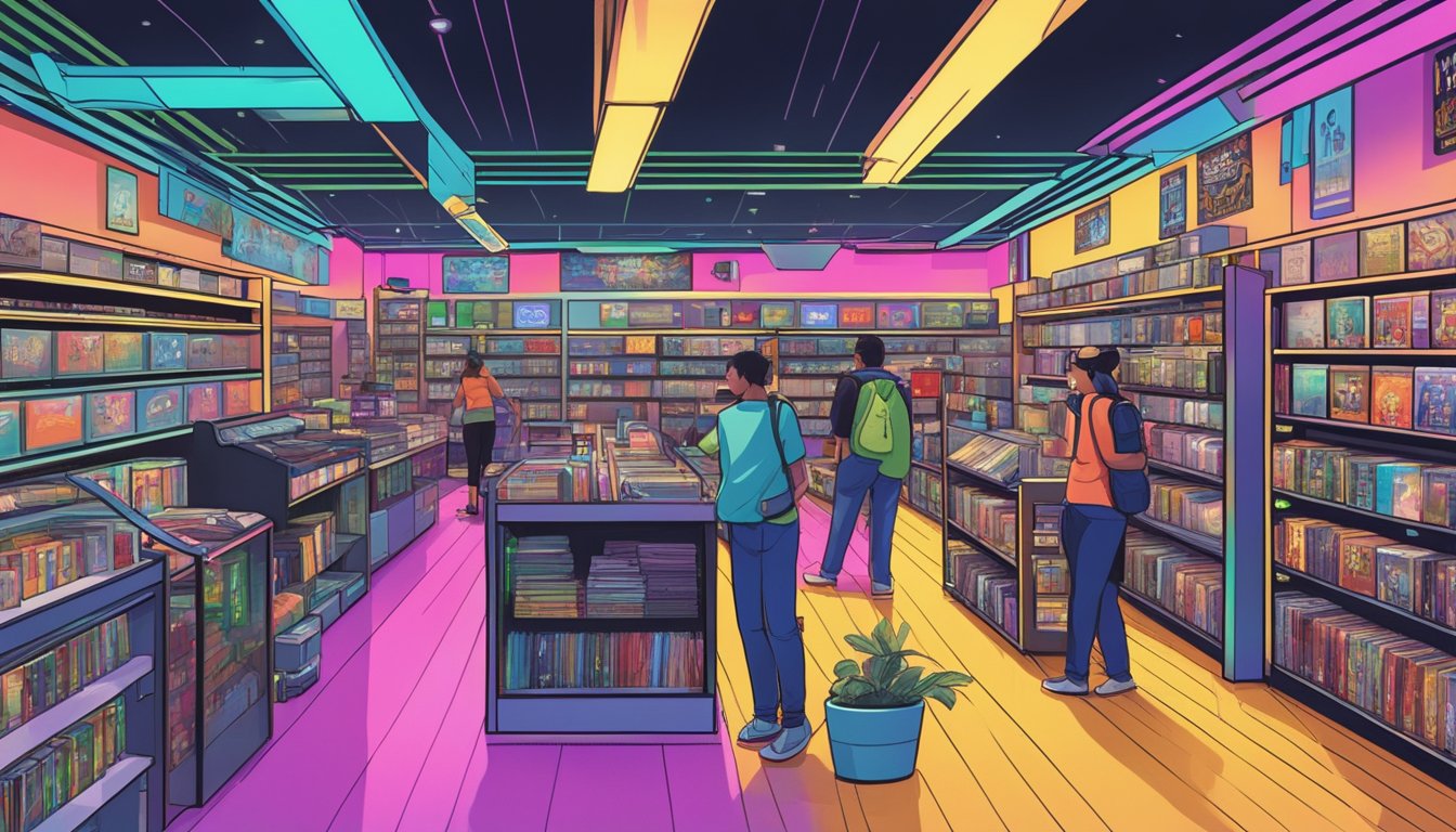 A bustling video game store with shelves of CDs and games, neon signage, and customers browsing