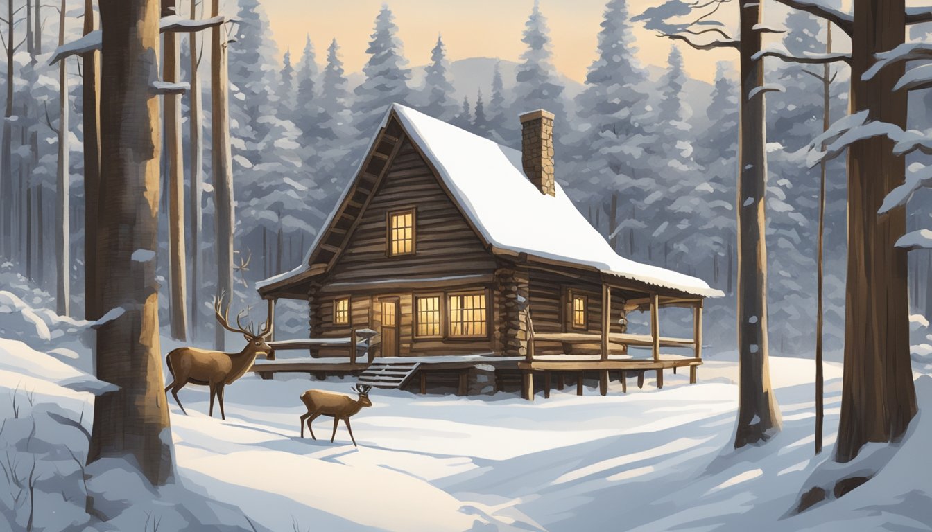 A rustic cabin nestled in a snowy forest clearing, with a sign reading "K&L's Venison Processing" and a deer hanging from a wooden beam