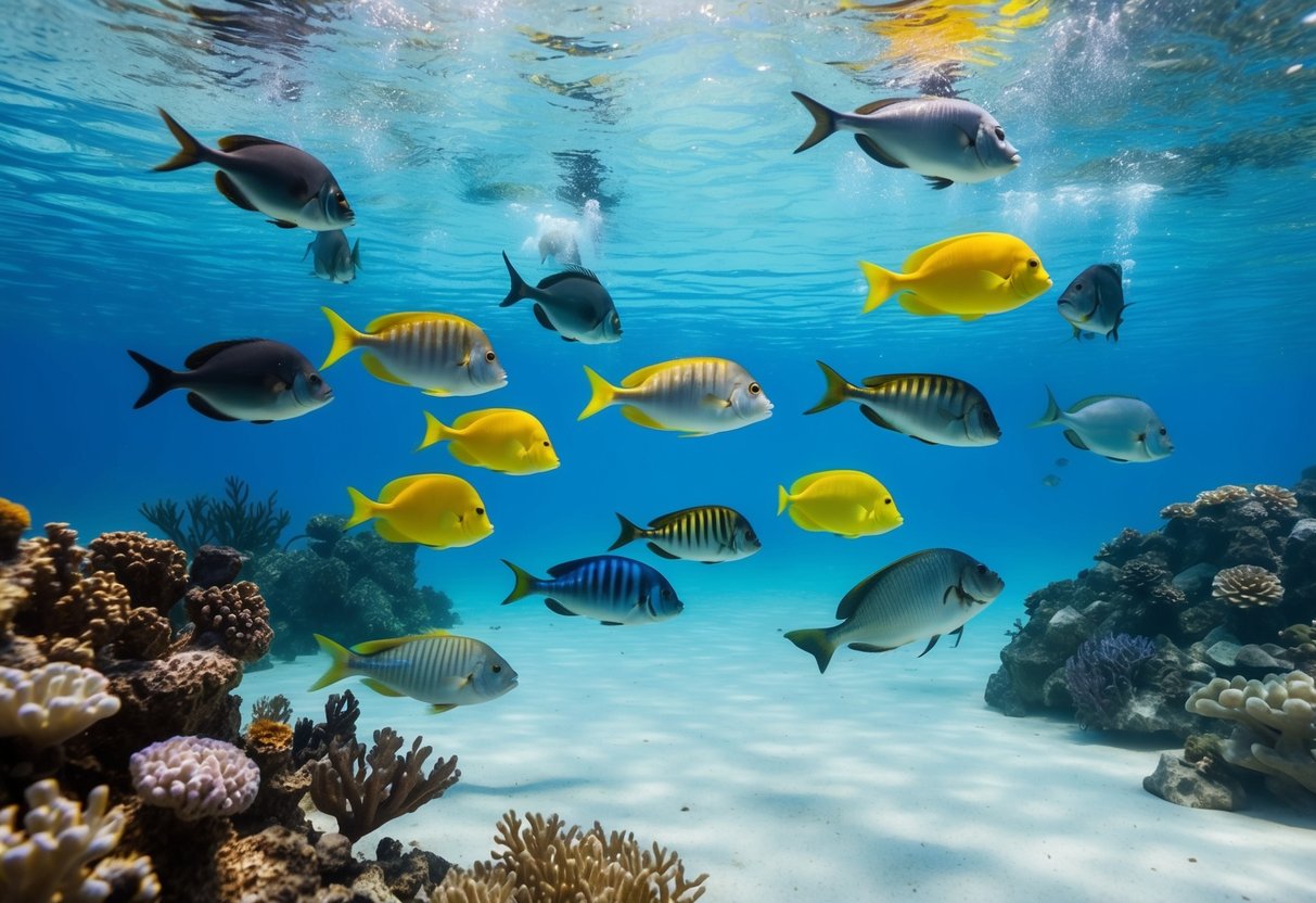 A serene underwater scene with a group of diverse fish swimming effortlessly through clear, calm water, surrounded by colorful coral and plants