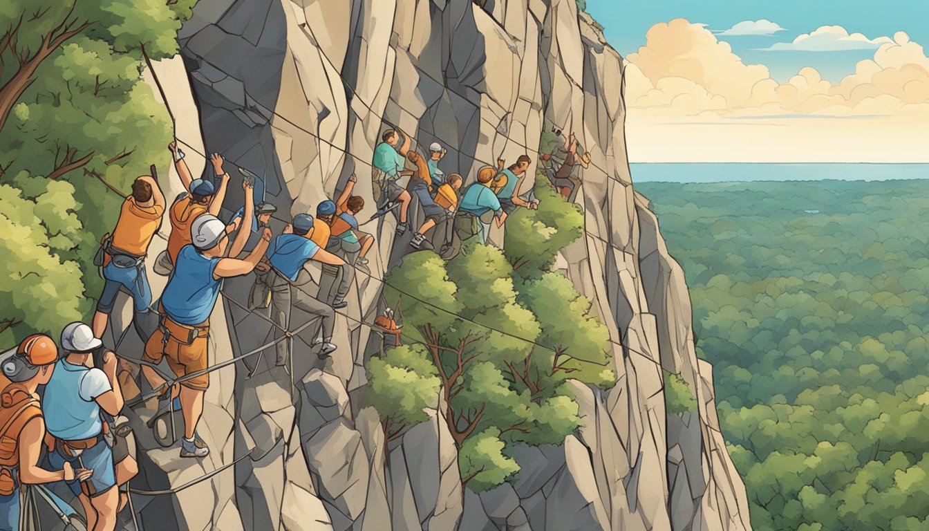 A group of rock climbers scale a steep cliff in New Jersey, while a crowd below watches and cheers, surrounded by food and entertainment