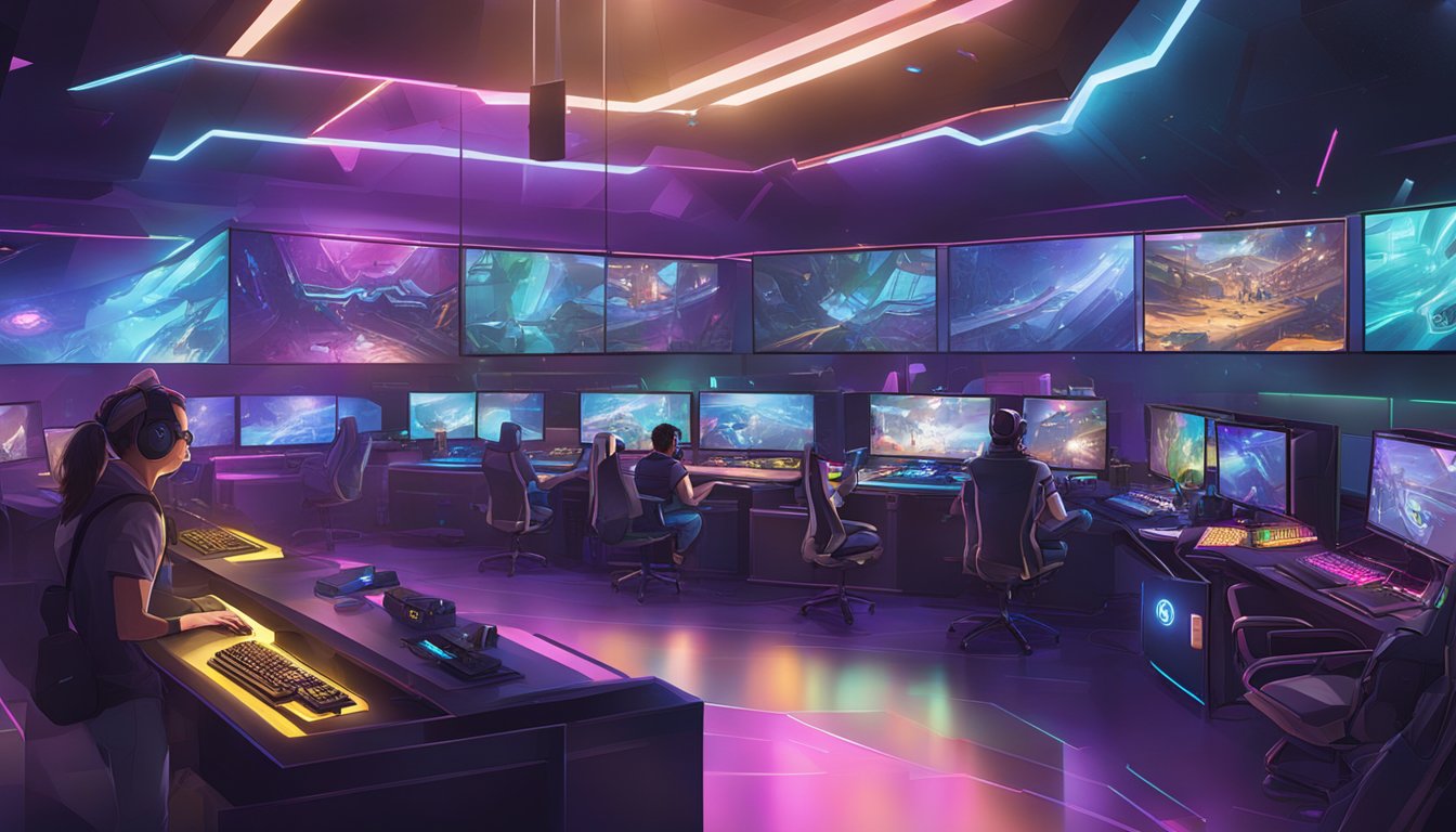 A bustling esports venue with high-tech gaming equipment and vibrant lighting at Level-Up Arena in Missouri