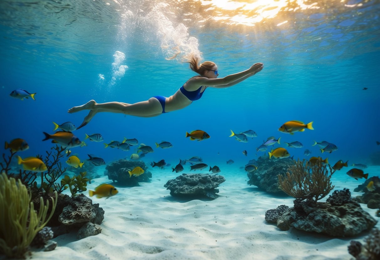 A serene underwater scene with a person swimming gracefully, surrounded by colorful fish and peaceful aquatic plants