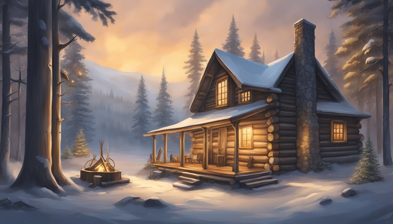 A rustic log cabin nestled in a snowy forest, smoke billowing from the chimney, surrounded by hunting trophies and equipment