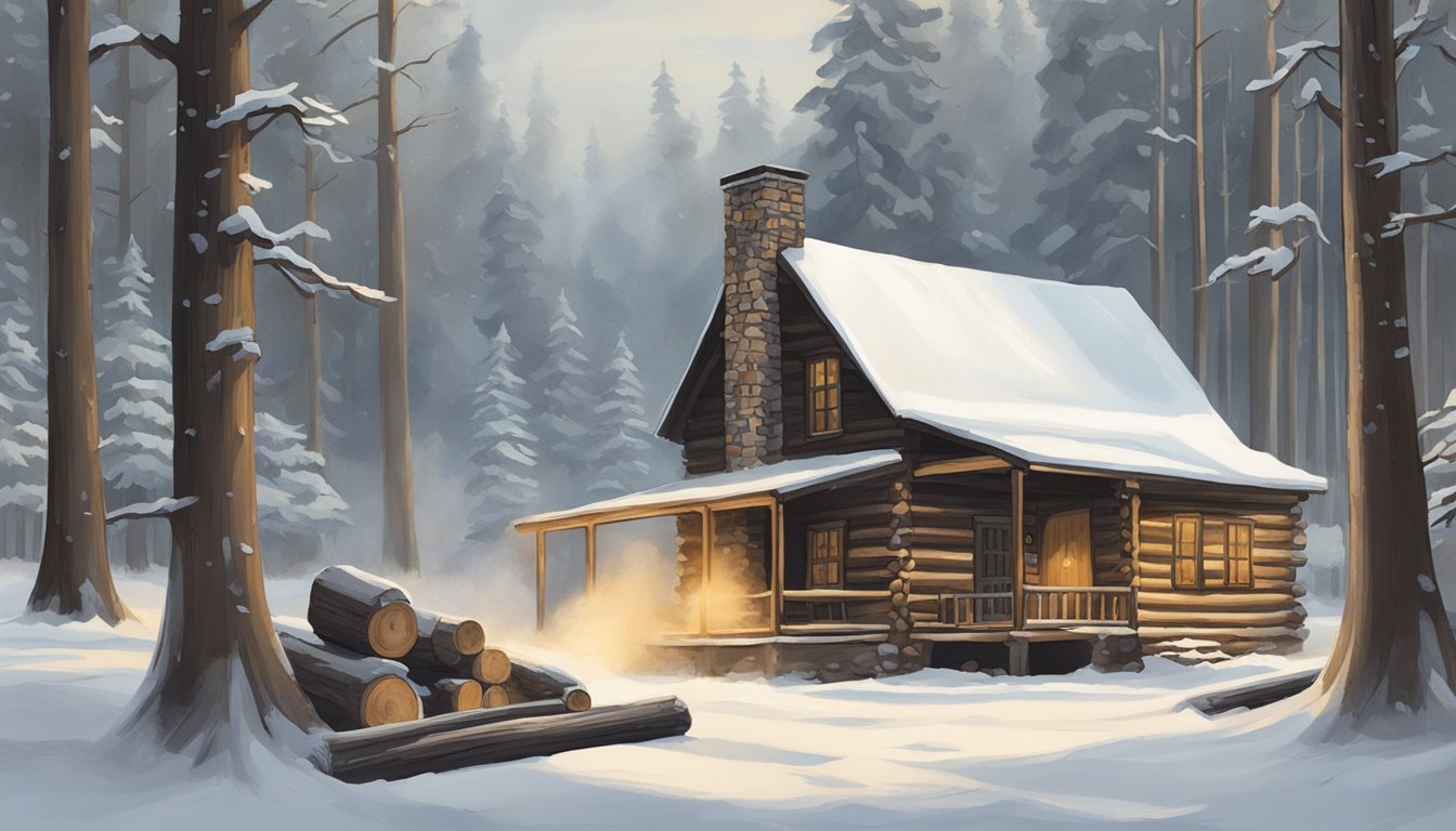 A rustic log cabin nestled in a snowy forest clearing, with smoke rising from the chimney. A sign reads "Cannon Falls Locker Venison Processing."