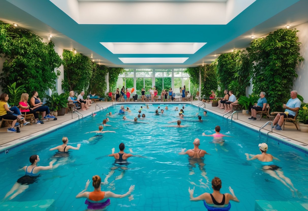 A serene, indoor swimming pool with clear blue water, surrounded by lush greenery and filled with people of all ages enjoying a low-impact workout