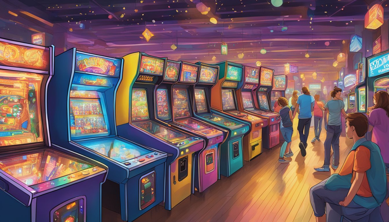 A bustling arcade in Kansas City, with flashing lights and colorful game machines, filled with excited players