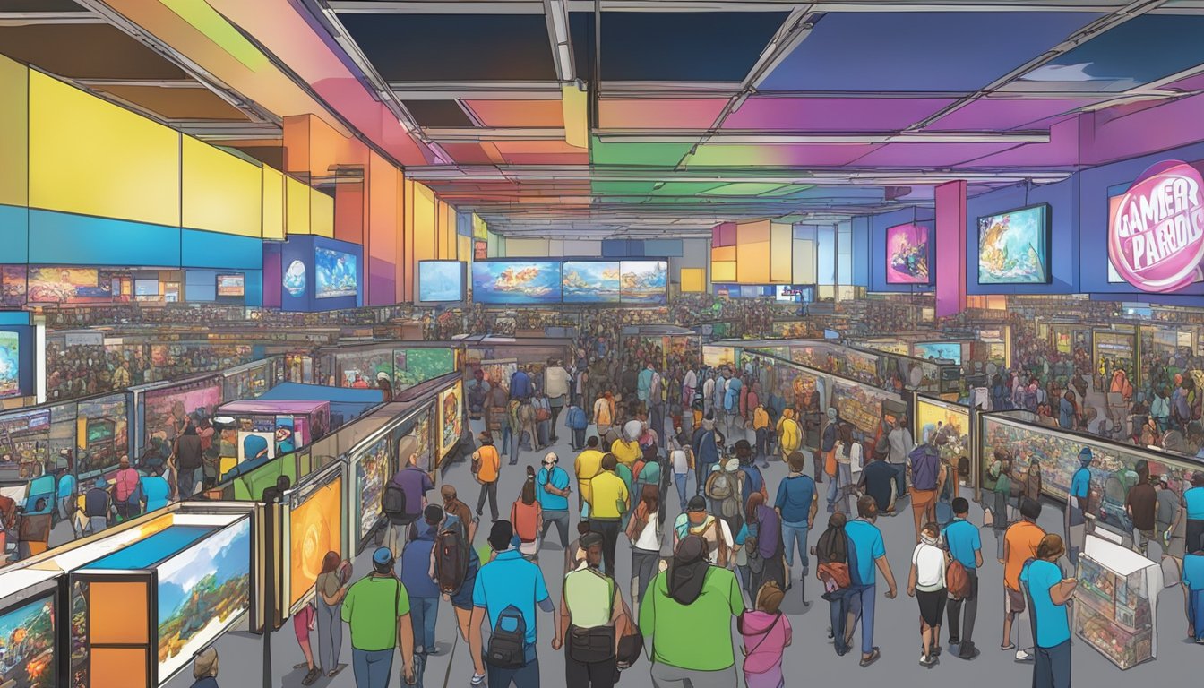 A crowded convention hall filled with colorful game booths and flashing screens at the Gamer's Paradise Expo in New Jersey