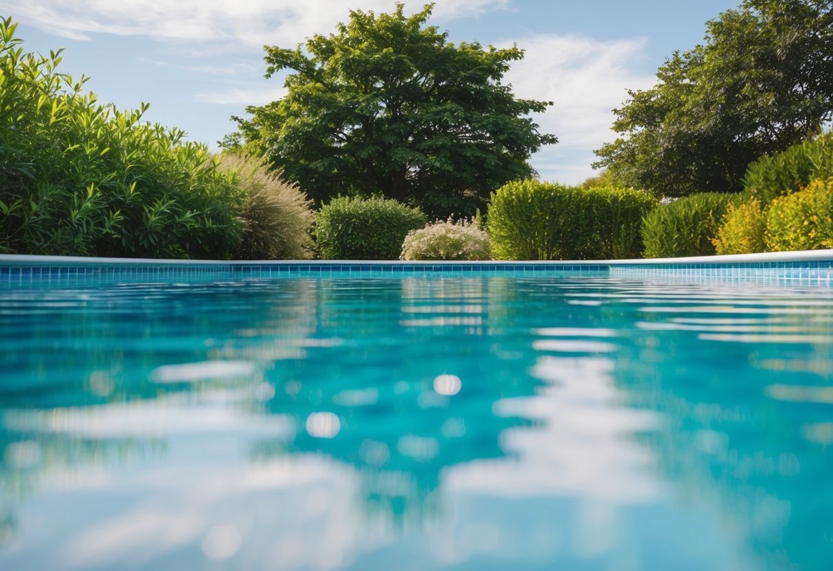 A calm, serene pool with clear blue water, surrounded by lush greenery and a clear sky, with a few gentle ripples on the surface