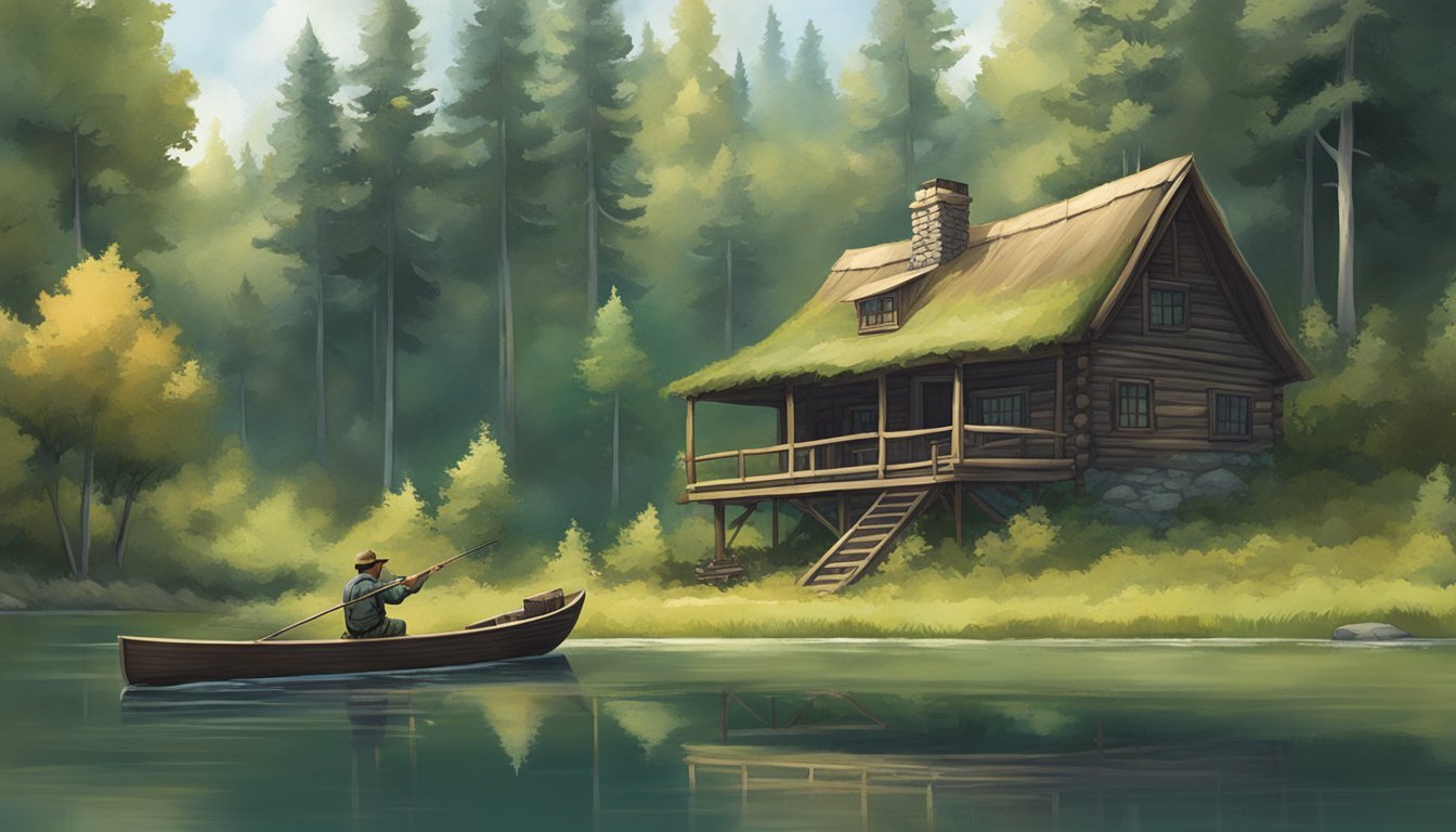 A serene lakeside cabin surrounded by lush forests, with a hunter processing game using traditional techniques