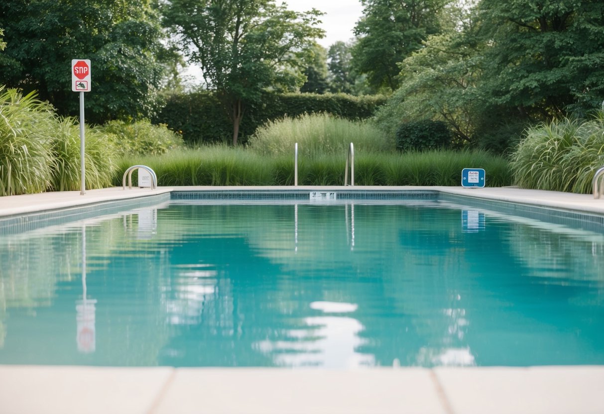 A serene pool with calm, clear water surrounded by lush greenery. A gentle, sunny atmosphere with safety signs and equipment visible