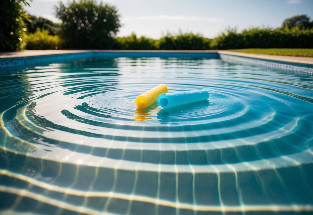 A serene pool with calm waters and a gentle ripple effect, surrounded by lush greenery and a clear blue sky, with a few colorful pool noodles floating on the water