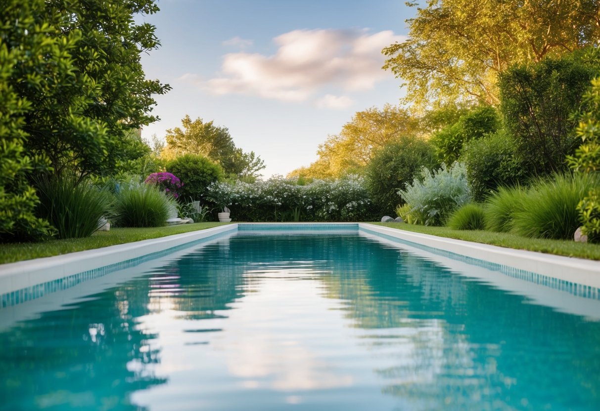 A serene pool surrounded by greenery, with a calm and inviting atmosphere, showcasing a peaceful and gentle environment for swimming