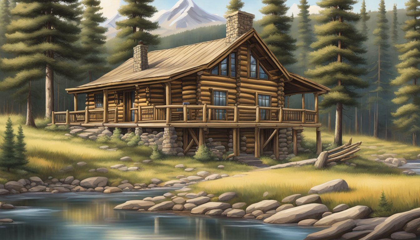 A rustic log cabin nestled in the Montana wilderness, surrounded by towering pine trees and a crystal-clear creek. A sign reads "Sage Creek Outfitters" above the entrance