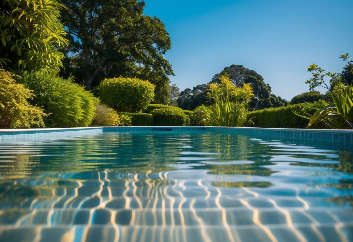 A serene pool with gentle ripples, surrounded by lush greenery and a clear blue sky, with a sense of calm and tranquility