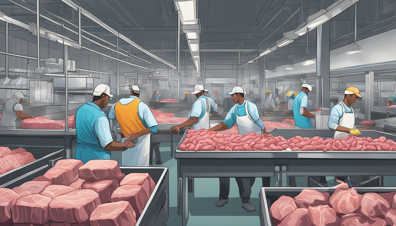 A bustling game processing facility in New Jersey, with workers sorting and packaging fresh meat