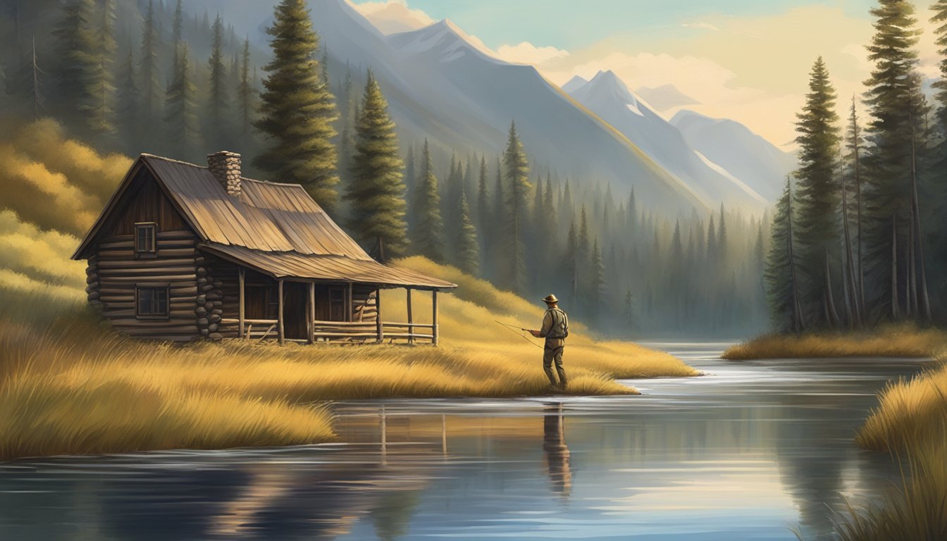 A serene river with a fly fisherman casting near a rustic hunting lodge in the Montana wilderness