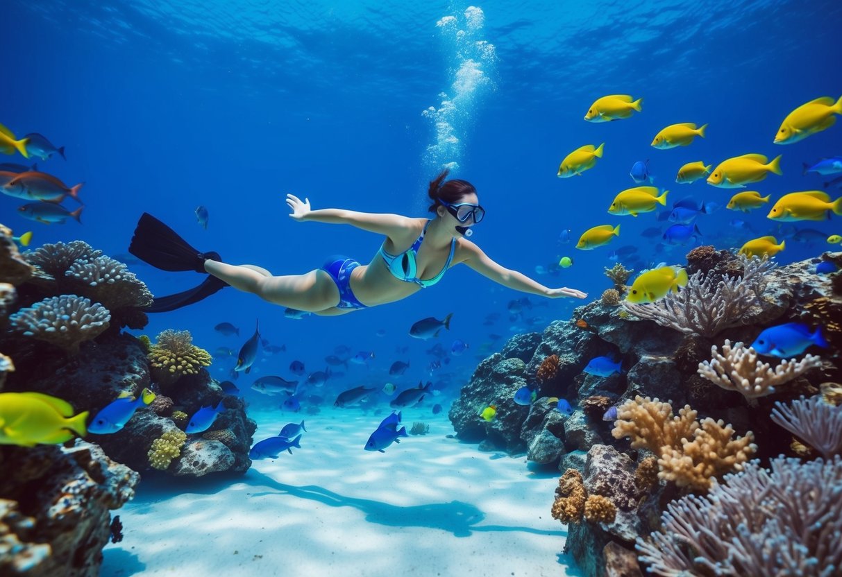 A serene underwater scene with a person swimming gracefully surrounded by colorful fish and vibrant coral reefs