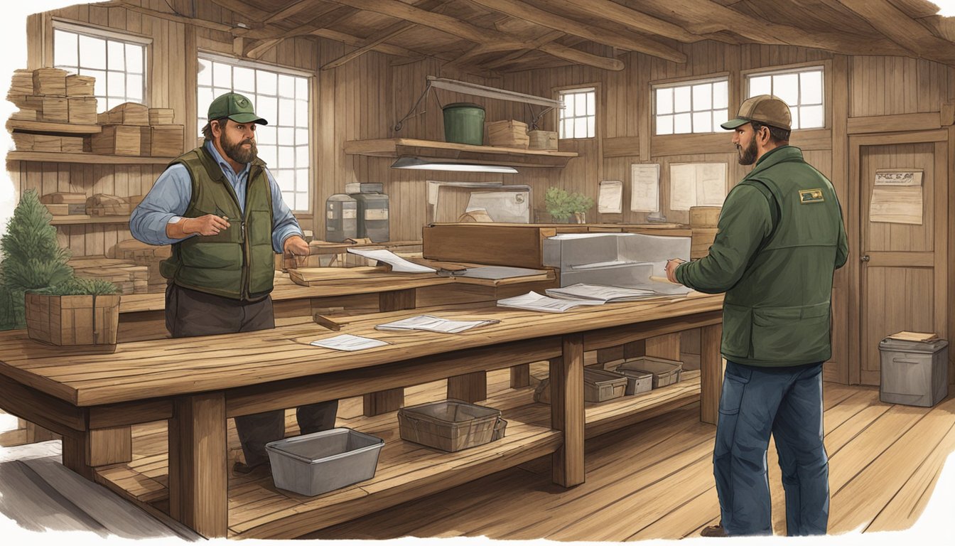 A hunter stands at a wooden counter, presenting paperwork to a wildlife official in a rustic New Jersey game processing facility