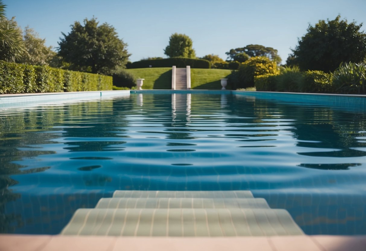 A serene pool with calm, rippling water surrounded by lush greenery and a clear blue sky, with a gentle, inviting staircase leading into the water