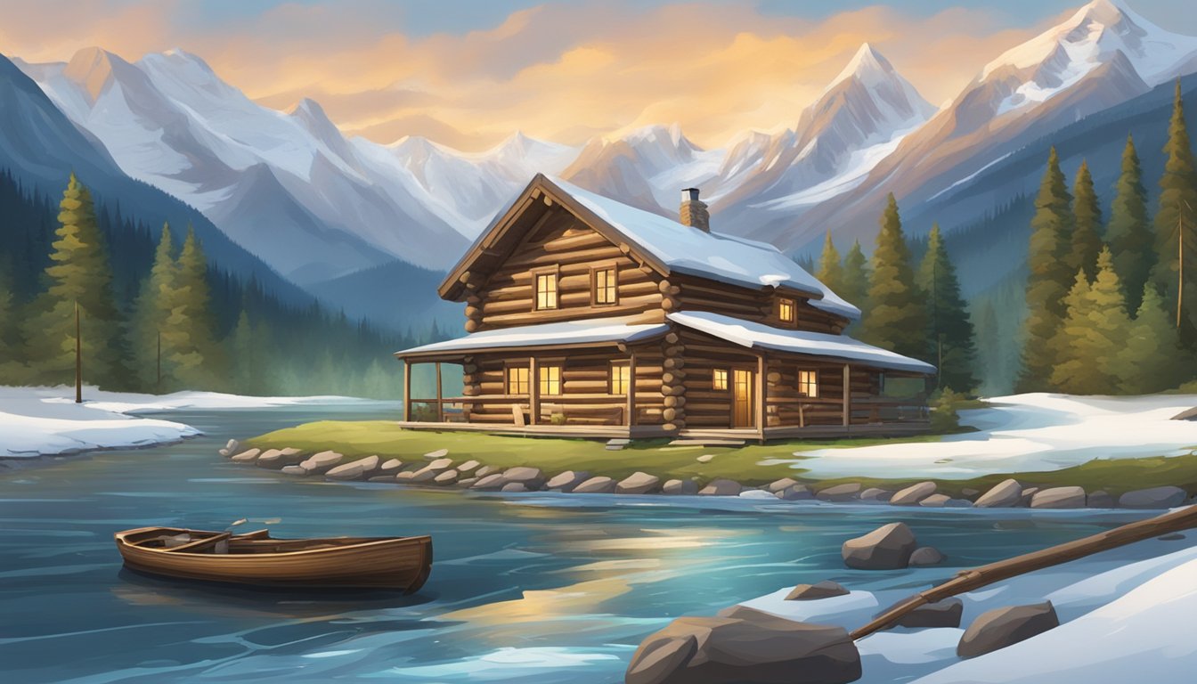 A rustic log cabin with smoke rising from the chimney, surrounded by snow-capped mountains and a rushing river