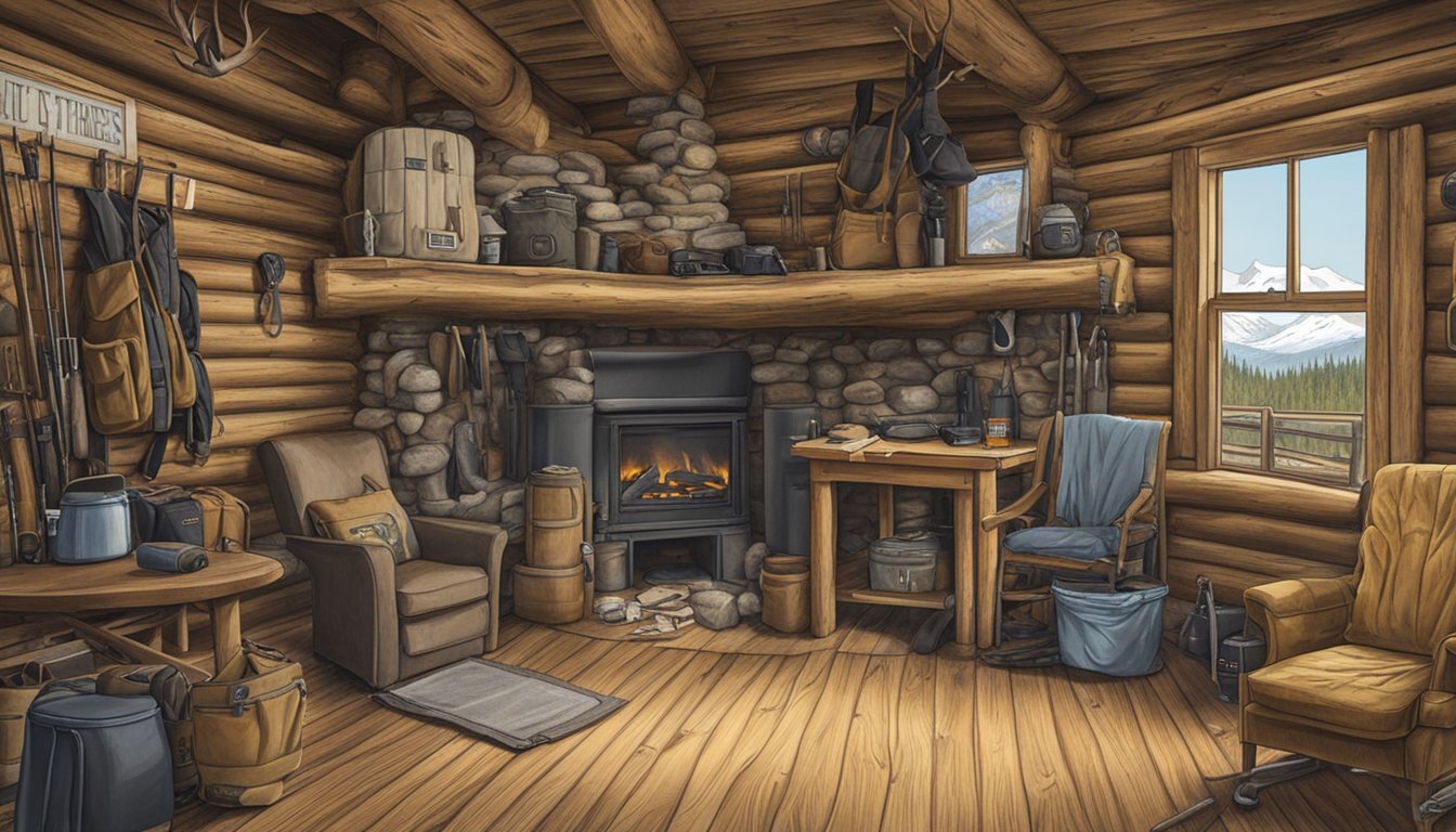 A rustic Montana cabin with a sign reading "K Lazy Three Outfitters" surrounded by hunting gear and game processing equipment