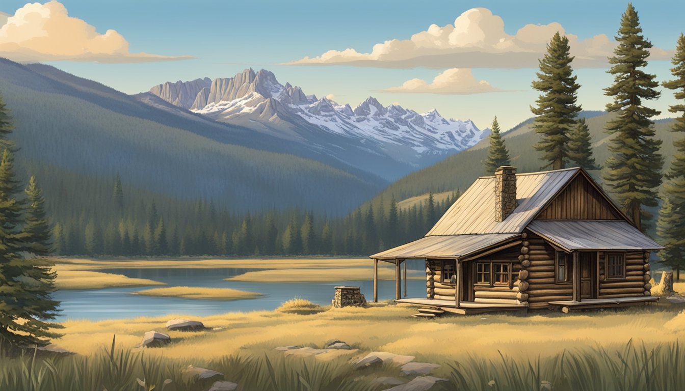 A rustic cabin nestled in the Bitterroot Mountains, with a sign reading "Bitterroot Mountain Outfitters" and a pristine landscape of Montana in the background