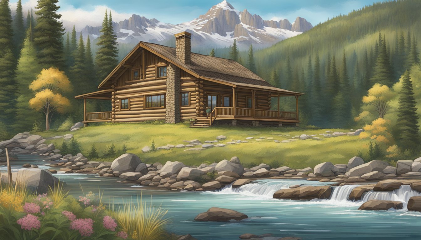 A rustic log cabin nestled in a mountain valley, surrounded by towering pine trees and a tranquil river, with a sign reading "Absaroka Beartooth Outfitters - Best Game Processing Montana."