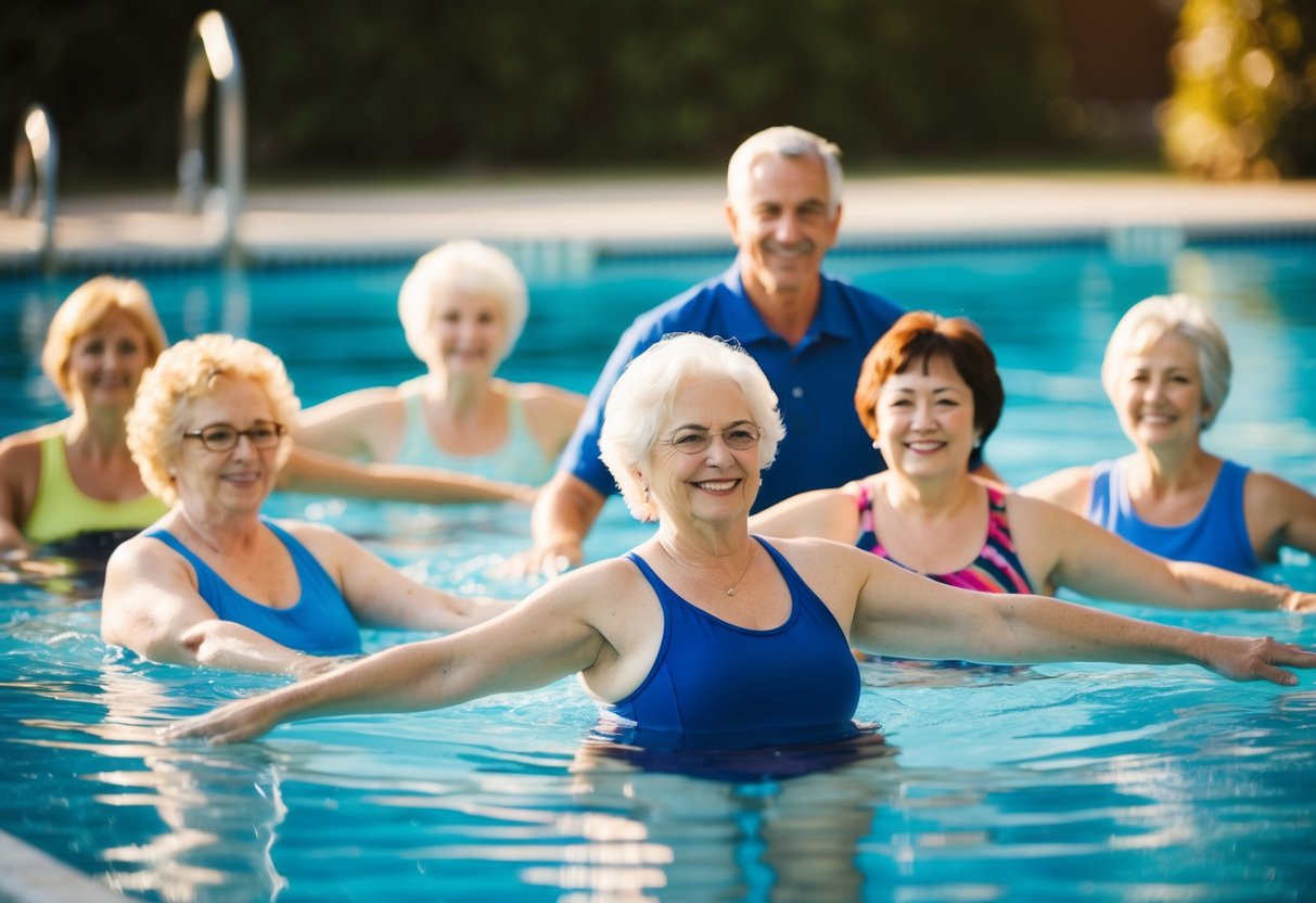 A group of people with osteoarthritis are exercising in a pool, led by an instructor. The water is waist-deep, and everyone is smiling and moving gently