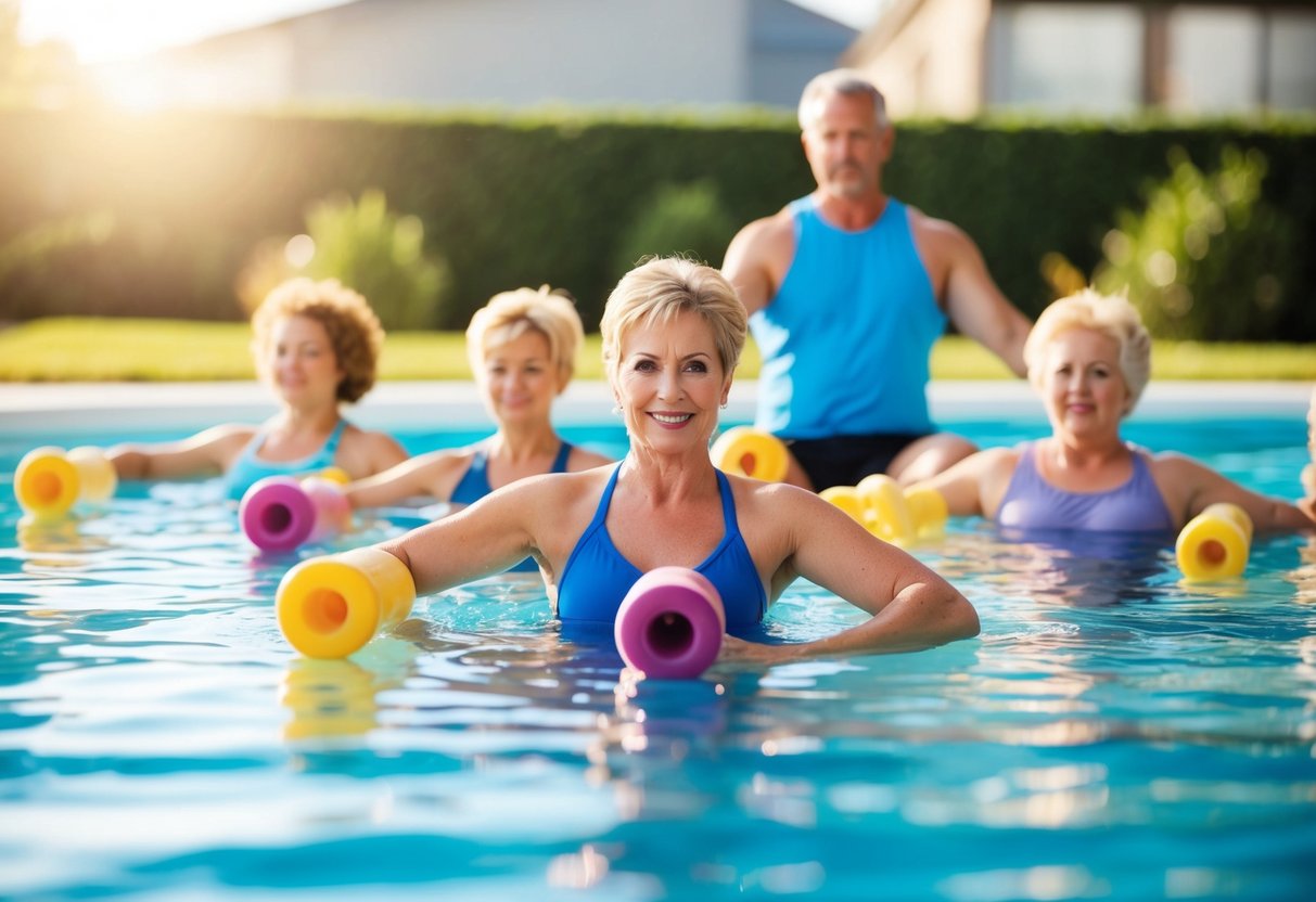 A group of people in a pool, performing gentle aerobic exercises with water dumbbells and noodles, under the guidance of an instructor