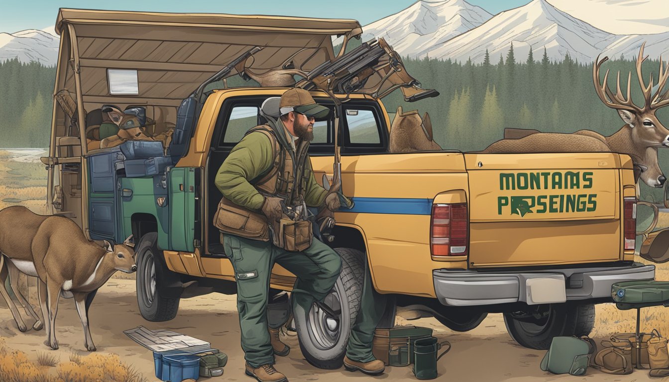 A hunter unloading a deer from their truck, surrounded by hunting gear and a sign displaying Montana's Game Processing Regulations