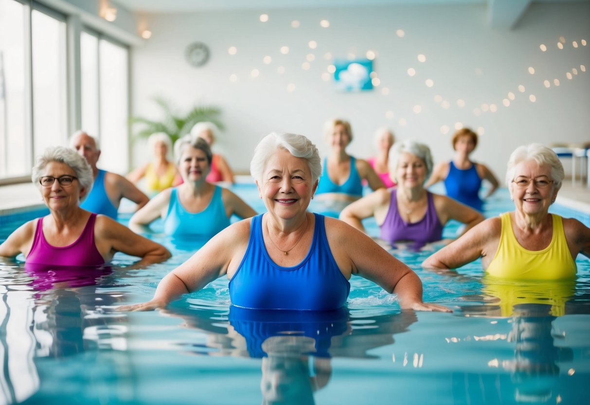 A group of elderly individuals performing water aerobics in a calm, indoor pool with gentle music playing in the background