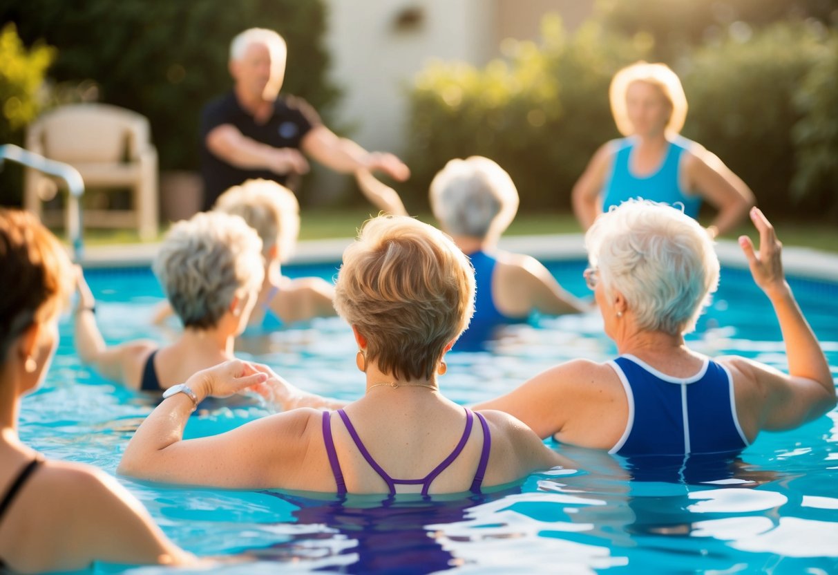 A group of people with osteoarthritis perform gentle water aerobic exercises in a pool under the guidance of an instructor