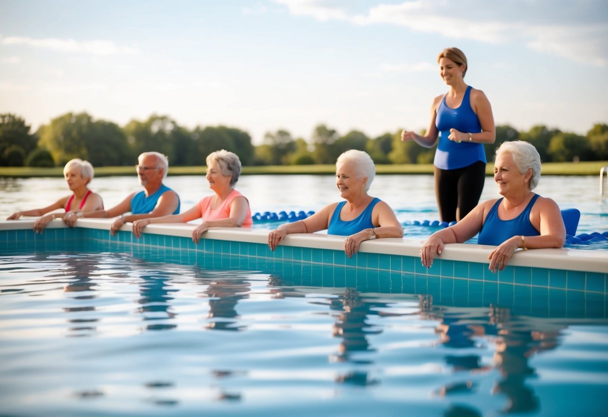 A group of people with osteoarthritis perform gentle exercises in a calm, shallow pool with an instructor guiding them through water aerobics