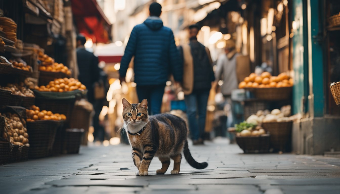 Cats wander through the bustling streets of Istanbul, weaving between ancient buildings and colorful market stalls