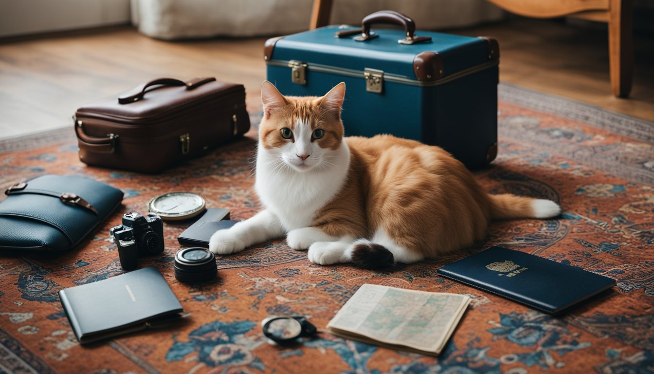 A cat sitting on a colorful, patterned carpet surrounded by travel essentials like a suitcase, passport, and a map of Istanbul