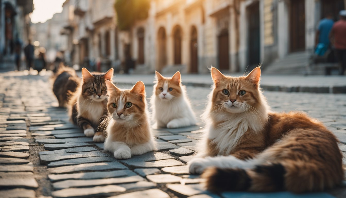 Cats roam the colorful streets of Istanbul, weaving between ancient buildings and lounging in the warm sunlight