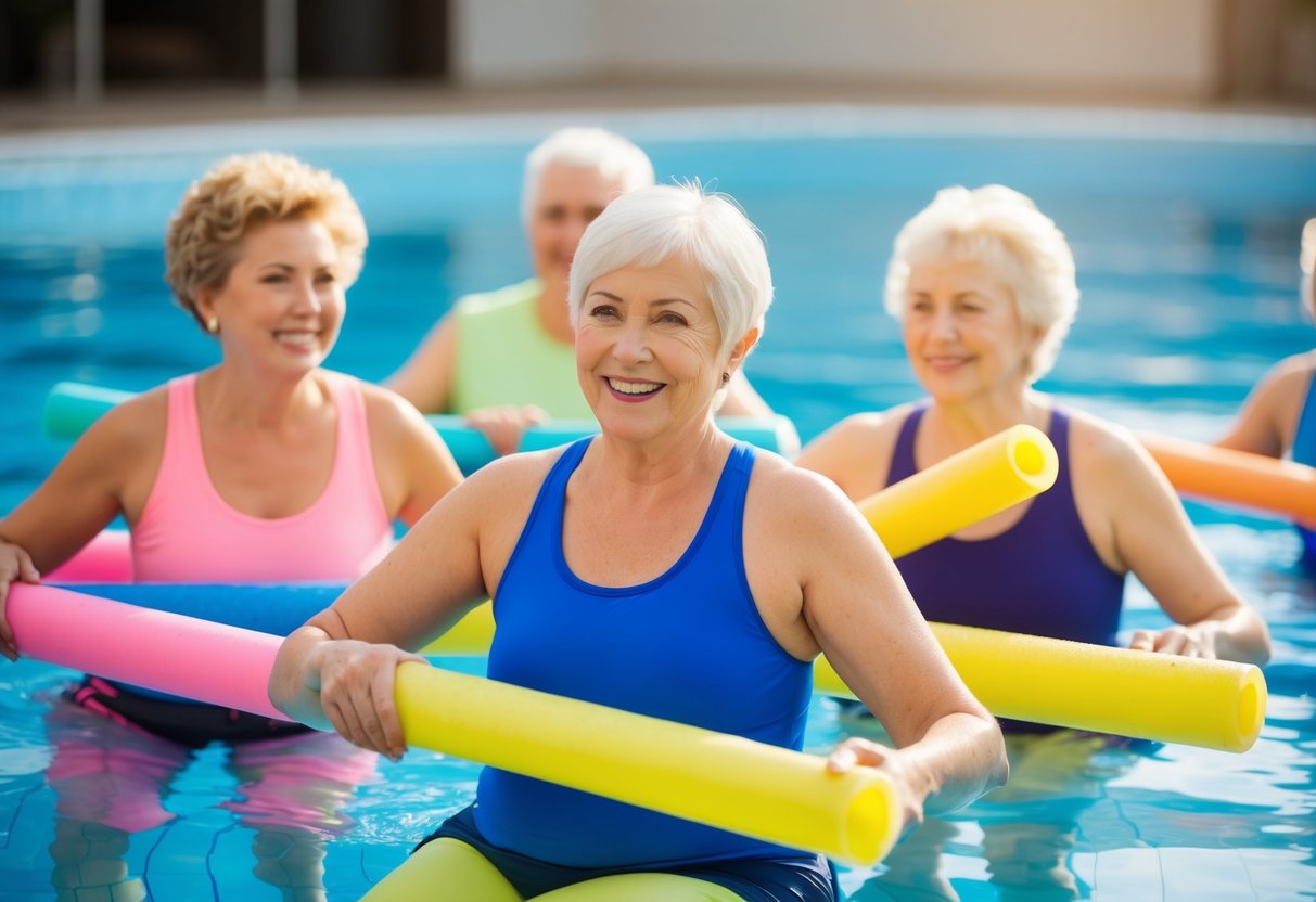 A group of people with osteoarthritis exercise in a pool with colorful swim noodles and gentle movements, smiling and chatting with each other